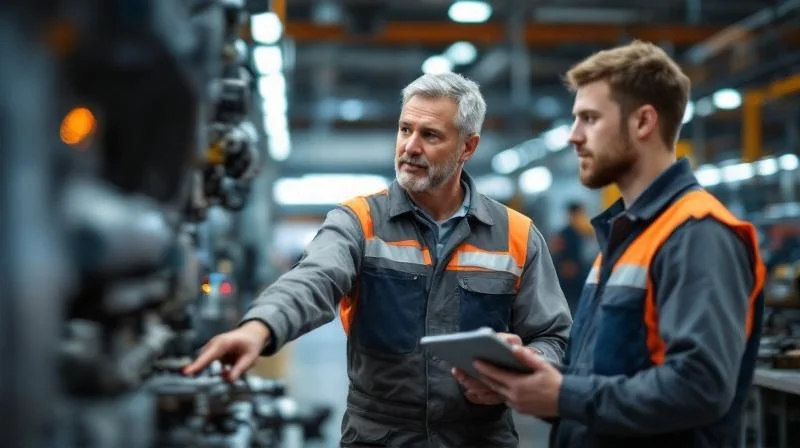 Ausbilder in einem Reutlingener Industriebetrieb beim Anleiten einer Auszubildenden an einer Werkbank