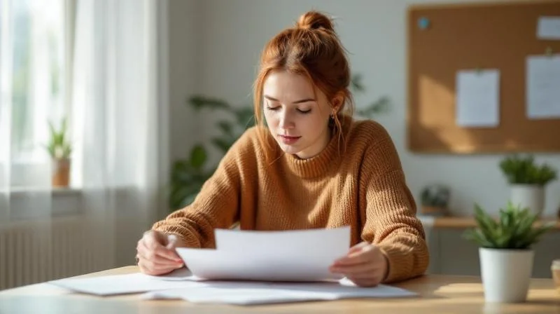 Frau liest Dokumente an einem Schreibtisch in einem hellen Buero in Reutlingen