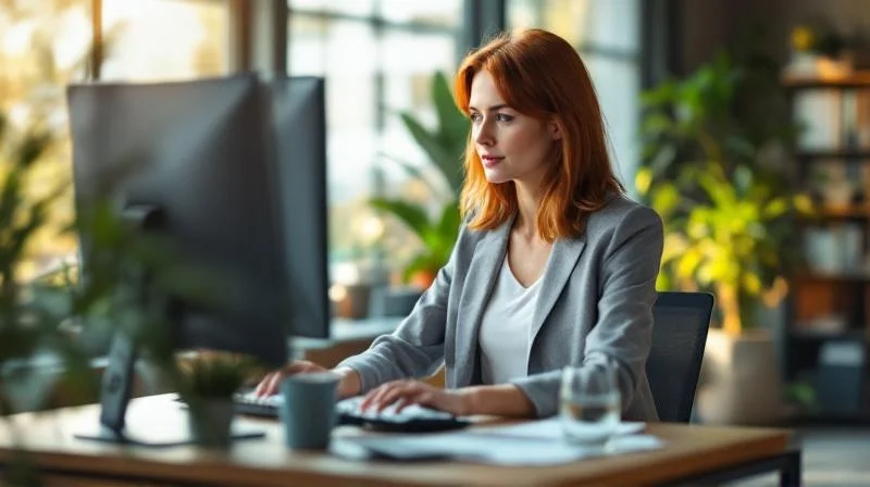 Frau schaut konzentriert auf einen Laptop-Bildschirm in einem modernen Arbeitsbereich in Reutlingen