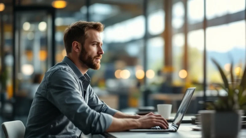 Reutlinger Konstrukteur im modernen Industriebüro mit Laptop, im Hintergrund Maschinenhalle und Schwäbische Alb