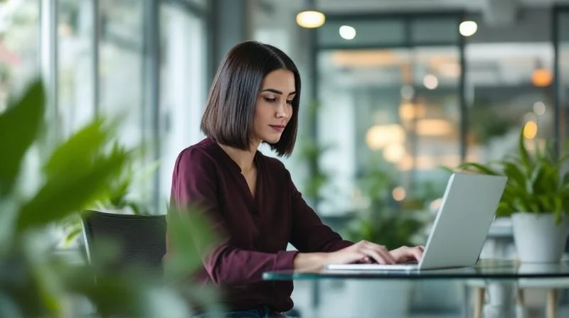 Frau lernt am Laptop in einem modernen Reutlinger Arbeitsraum