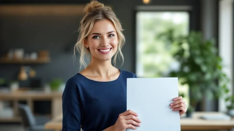 Frau haelt Zertifikat in der Hand und laechelt vor einem modernen Gebaeude in Reutlingen