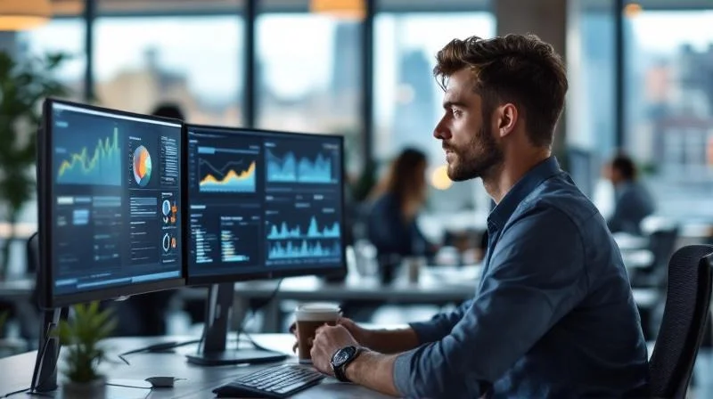 Quereinsteiger in einem Reutlingener Unternehmen am Arbeitsplatz, arbeitet konzentriert an Dashboards und KI-Tools