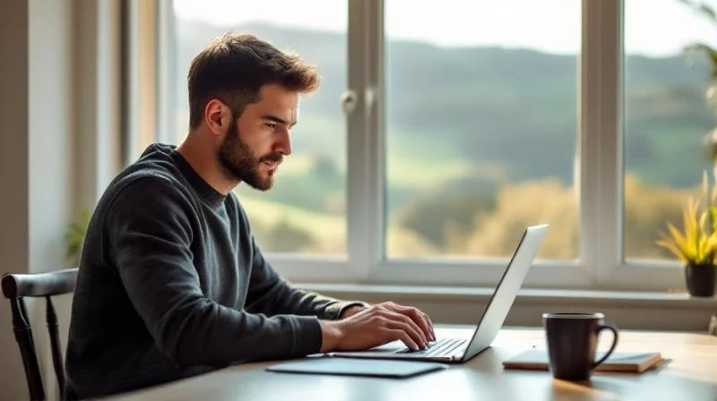 Mann arbeitet an einem Laptop in einem modernen Raum mit Blick auf die Schwaebische Alb