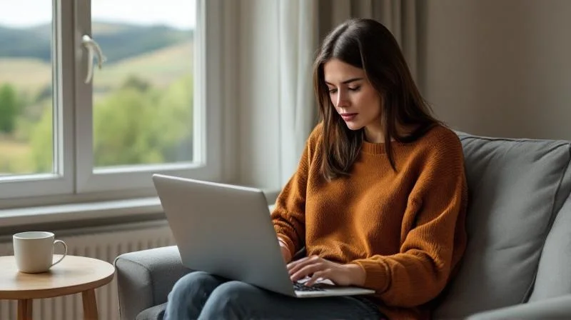 Frau lernt am Laptop in einem hellen Raum mit Blick auf die Schwaebische Alb bei Reutlingen