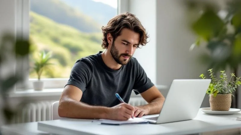 Mann lernt am Schreibtisch fuer den Wirtschaftsfachwirt mit Blick auf die Schwaebische Alb